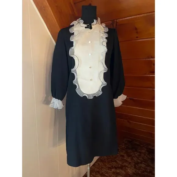 Vintage | Dresses | Vintage 96s Black Mod Mini Dress With White Ruffled  Sleeve And Bib Front | Poshmark
